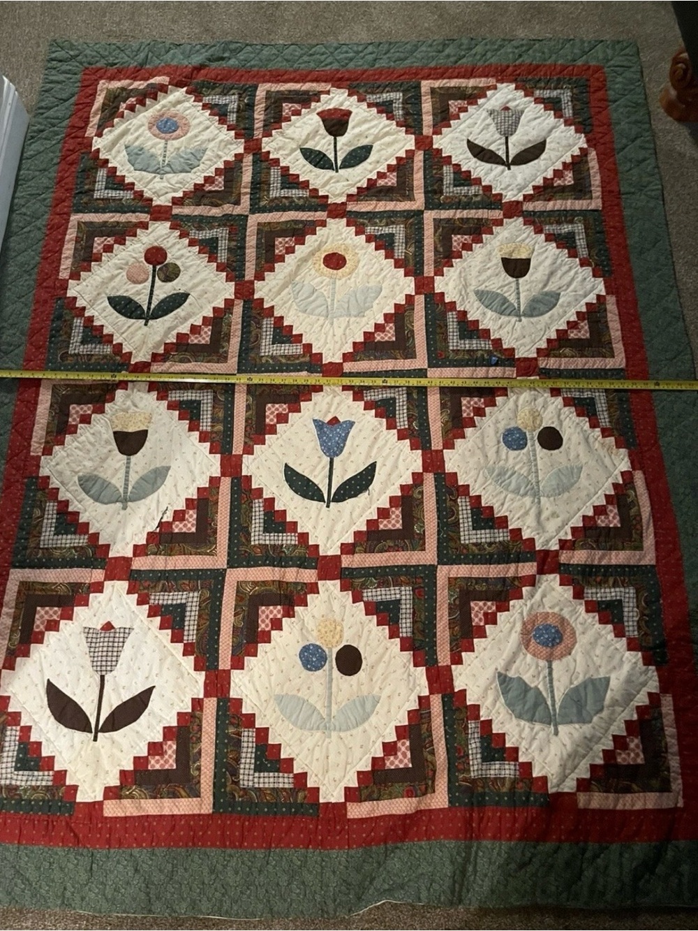 Source Unknown Floral Patchwork Quilt - Red, Green, Cream, Brown, Blue